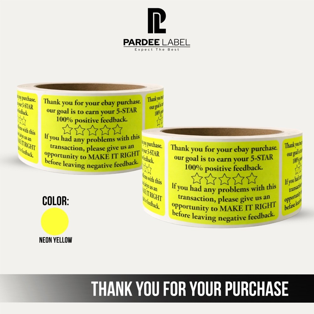 Thank You For Your eBay Purchase Stickers Neon Yellow 2” x 3” 250 Labels Roll