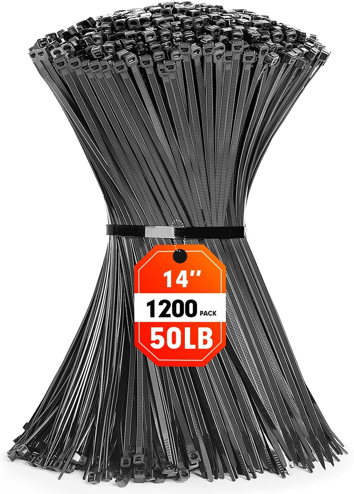 Heavy-Duty Black Cable Zip Ties, 1200 Pcs, 14 Inch, 50Lb Strength