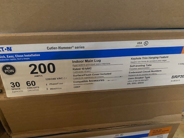Eaton 200A Indoor Main Lug Load Center 30-60 Plug On Neutral Panel BRP30L200 NEW