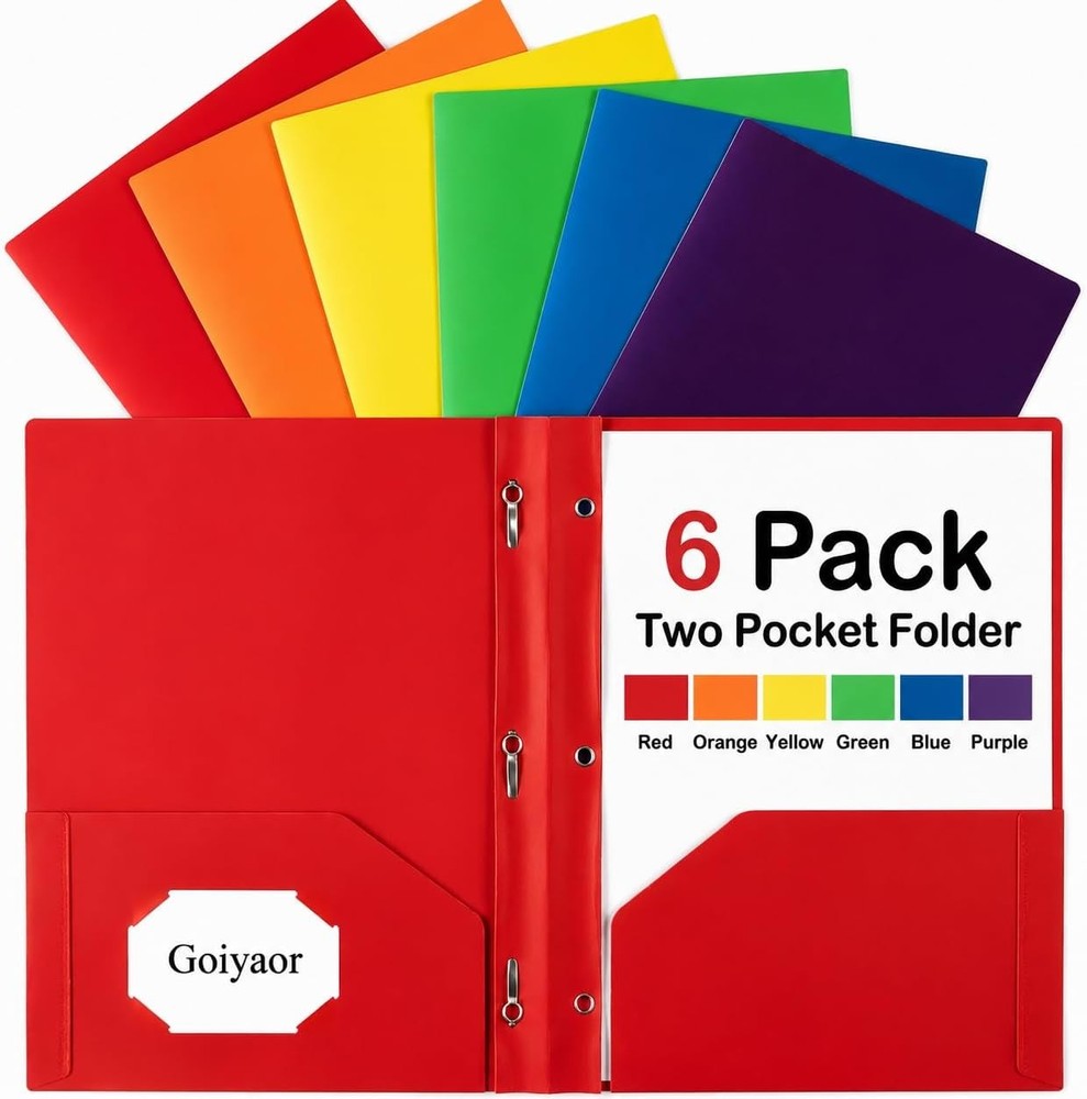 6 Pack Plastic Folders with Pockets and Prongs, 2 Pocket Folders with Fasteners,