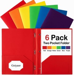 6 Pack Plastic Folders with Pockets and Prongs, 2 Pocket Folders with Fasteners,