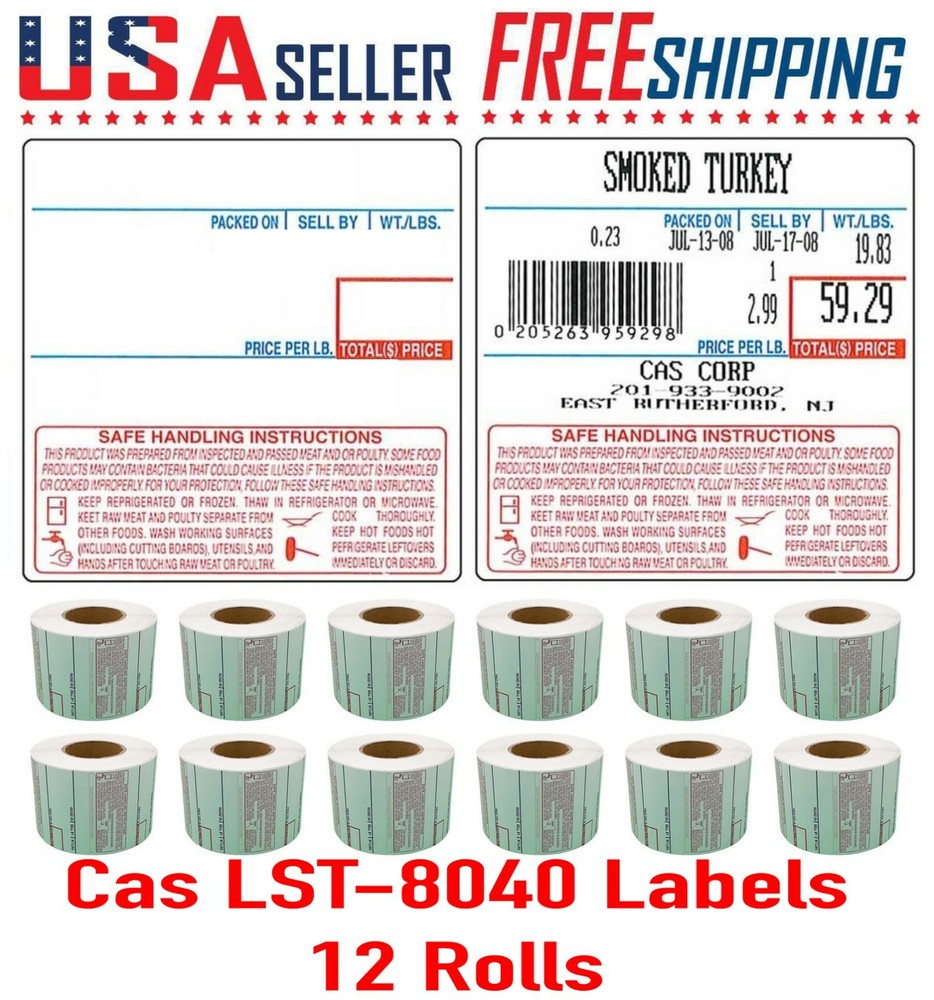 CAS LST-8040 Printing Scale Label, 58 x 60 mm UPC/Safe Handling 12 Rolls