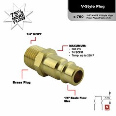 Milton S760 1/4″ MNPT Male V-Style High Flow Plug, (Brass) 2 pcs