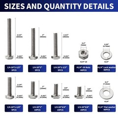 Hex Head Screw Bolt and Nuts Set 240Pcs 1/4-20 304 Stainless Steel – Assortment