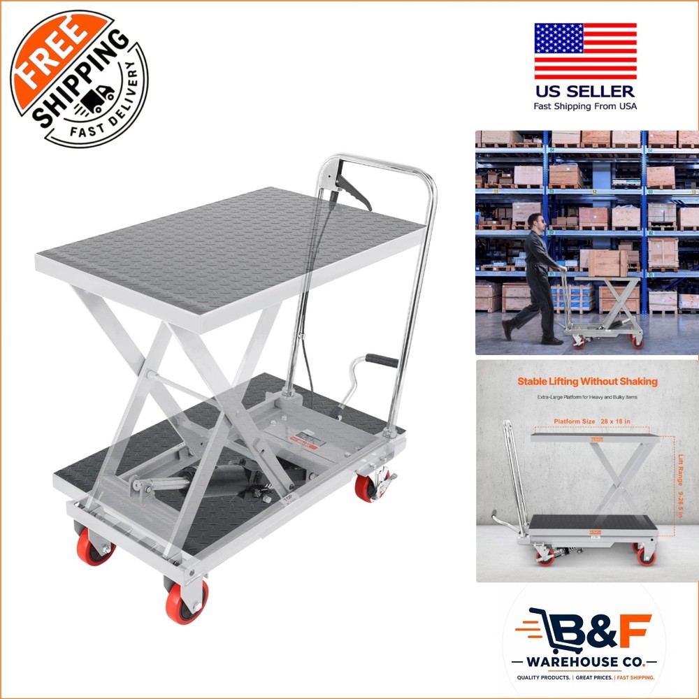 500 lbs Hydraulic Lift Table Cart – 28.5 Inch Manual Scissor Lift with Wheels