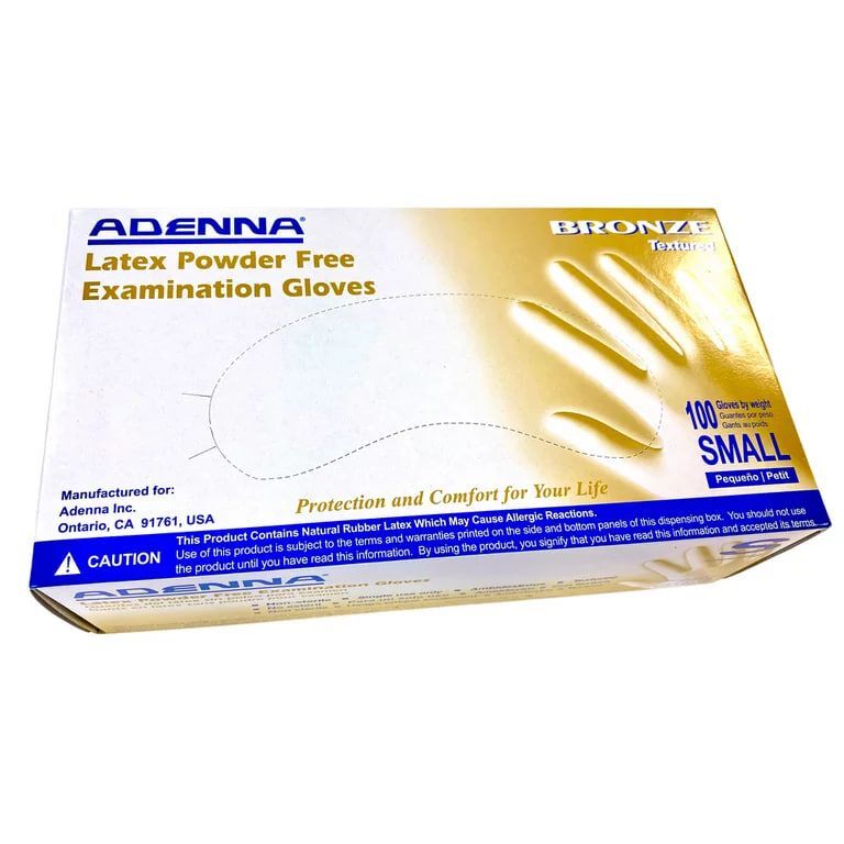 Adenna Bronze X-SMALL Latex Exam Gloves: Powder-Free, Textured surface. Box