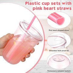 25 Sets Clear Plastic Cups with Heart Shaped Pink Straws and Strawless Lids