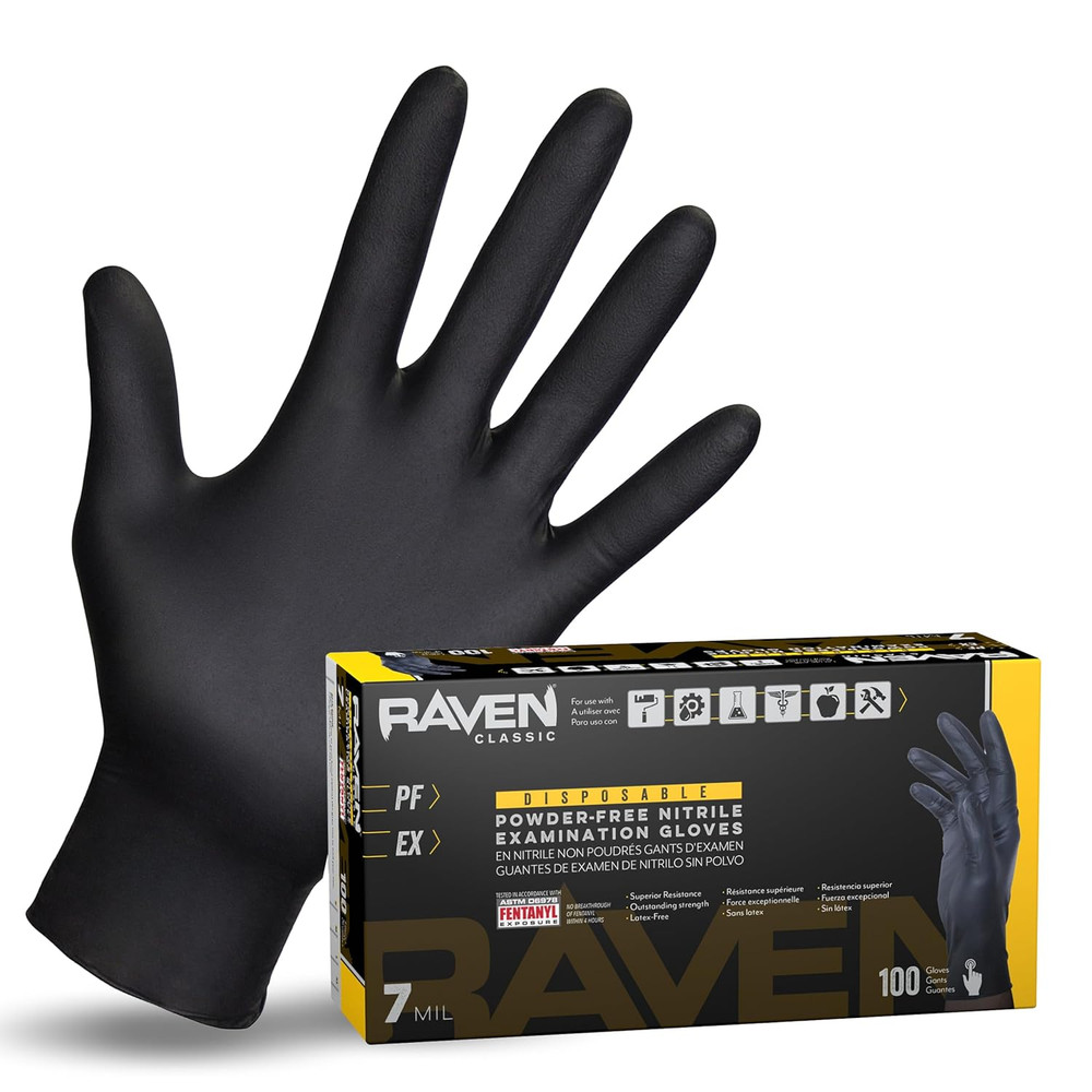 Raven 66518 Safety Powder Free Examination Black Nitrile Gloves – 7 Mil Large