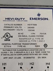EMERSON HEVI-DUTY TRANSFORMER HS1F750B. 240/480V,1PH, .75KVA.