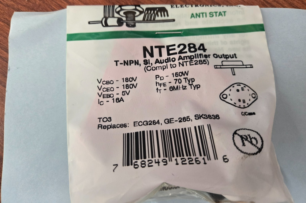 NTE284 T-NPN, Si, Audio Amplifier Output (Compl NTE285) TO3 ECG284 GE-265 SK3836