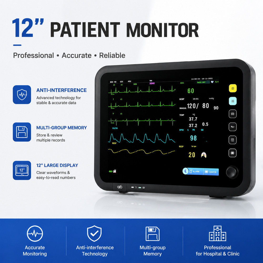 12-Inch Patient Vital Signs Monitor Multi-Parameter ECG/NIBP/TEMP/RESP/SPO2/PR