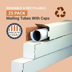 Aviditi Square Corrugated Cardboard Mailing Tubes, 3 x 3 x 30, White, Pack of 25