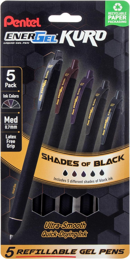 Energel Kuro Retractable Liquid Gel Pen, Shades of Black, 0.7Mm Tip, Assorted Bl