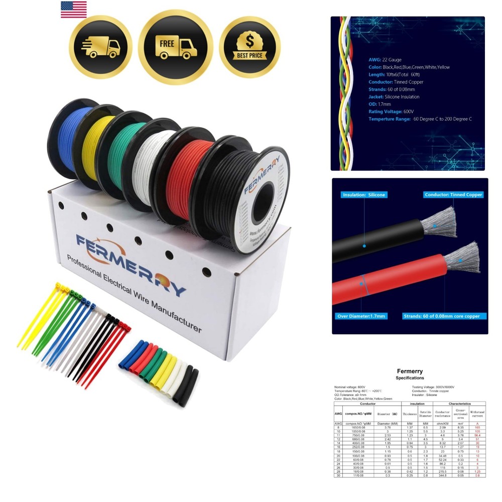 22 AWG Stranded Wire Spool 10ft Each 6 Colors Flexible 22 Gauge Silicone Hook…