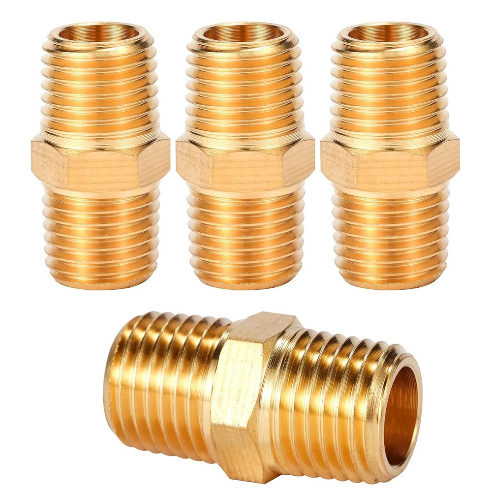 4pcs Solid Brass Hex Nipple 1/4″ x 1/4″ NPT Male Thread Pipe Fitting Adapter