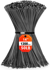 Heavy-Duty Black Cable Zip Ties, 1200 Pcs, 14 Inch, 50Lb Strength