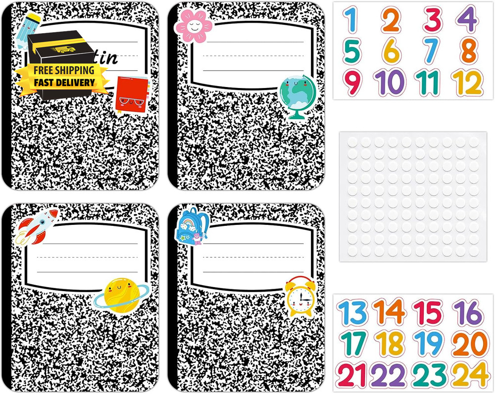 24PCS Composition Name Tags Stickers – Notebook Classroom Decor Name Tags for Lo