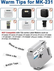 4-Pk/Pack Label Tape for Brother P-Touch eqv M231 M-K231 MK231 12mm Black/White