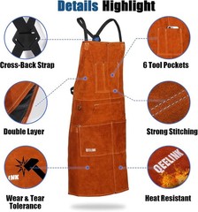 Stylish Brown Leather Apron – Adjustable Size, 6 Pockets, Flame-Resistant Safety