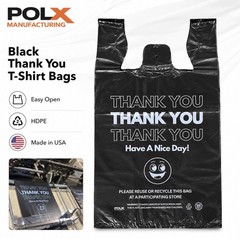 1000 Black Thank You T-Shirt Bags Easy Open HDPE Grocery Carryout 12x7x22 USA