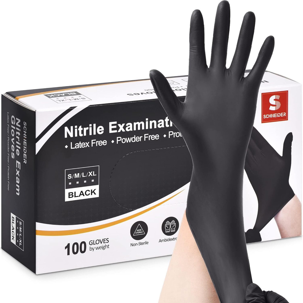 Schneider Nitrile Exam Gloves, Black, Medium, 100-Ct Box, 4-Mil, Latex-Free, Pow