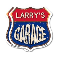 Larry’s Garage Shield Shaped Sign Weather Resistant Crafted in the USA