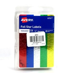 Avery 6751 Foil Star Labels, 1/2 Dia, Red, Blue, Silver, Green, Gold, (6 Packs)