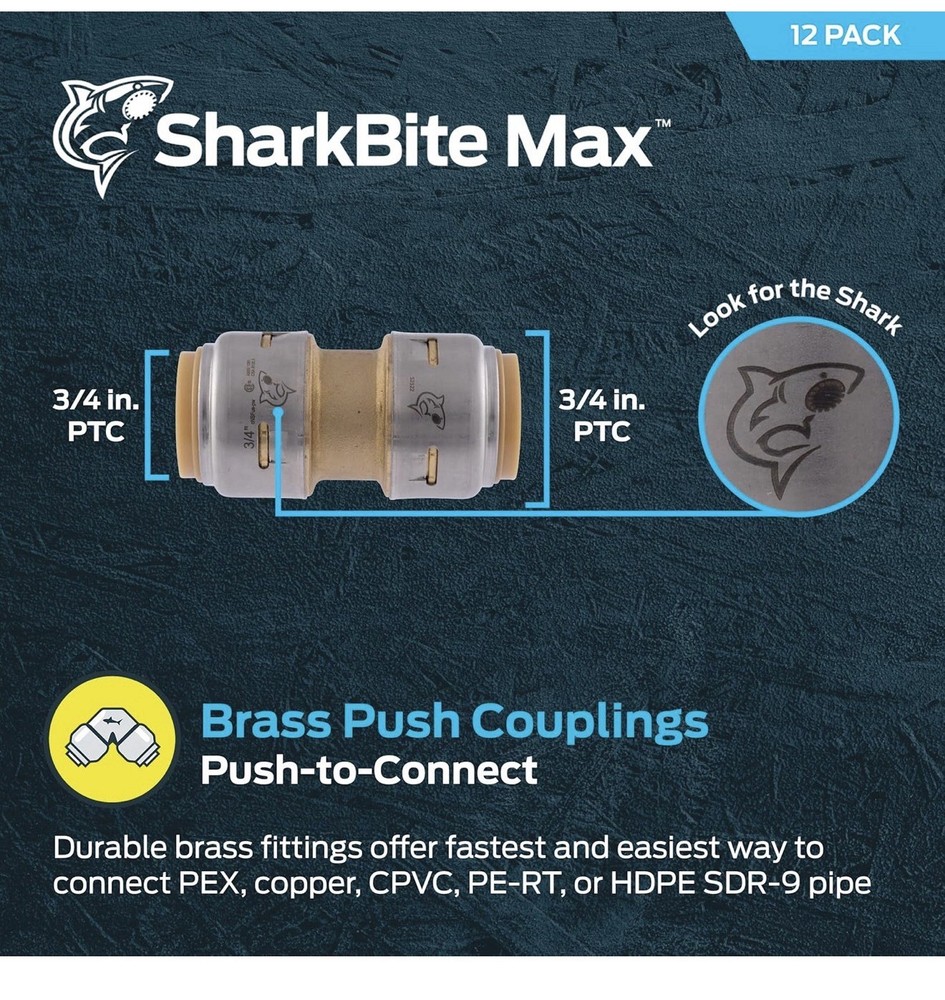 SharkBite Max UR016 3/4″ Push to Connect Brass Straight Coupling Fitting 12 Pack