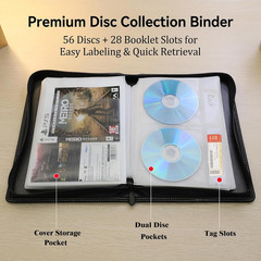 CD DVD Storage Binder, Holds 56 Discs and 28 Booklets with Tag Slots, PU Leather