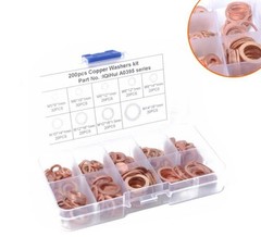 200PCS Assorted Crush Copper Gasket Seal Ring Hardware Set Metal Flat Washer