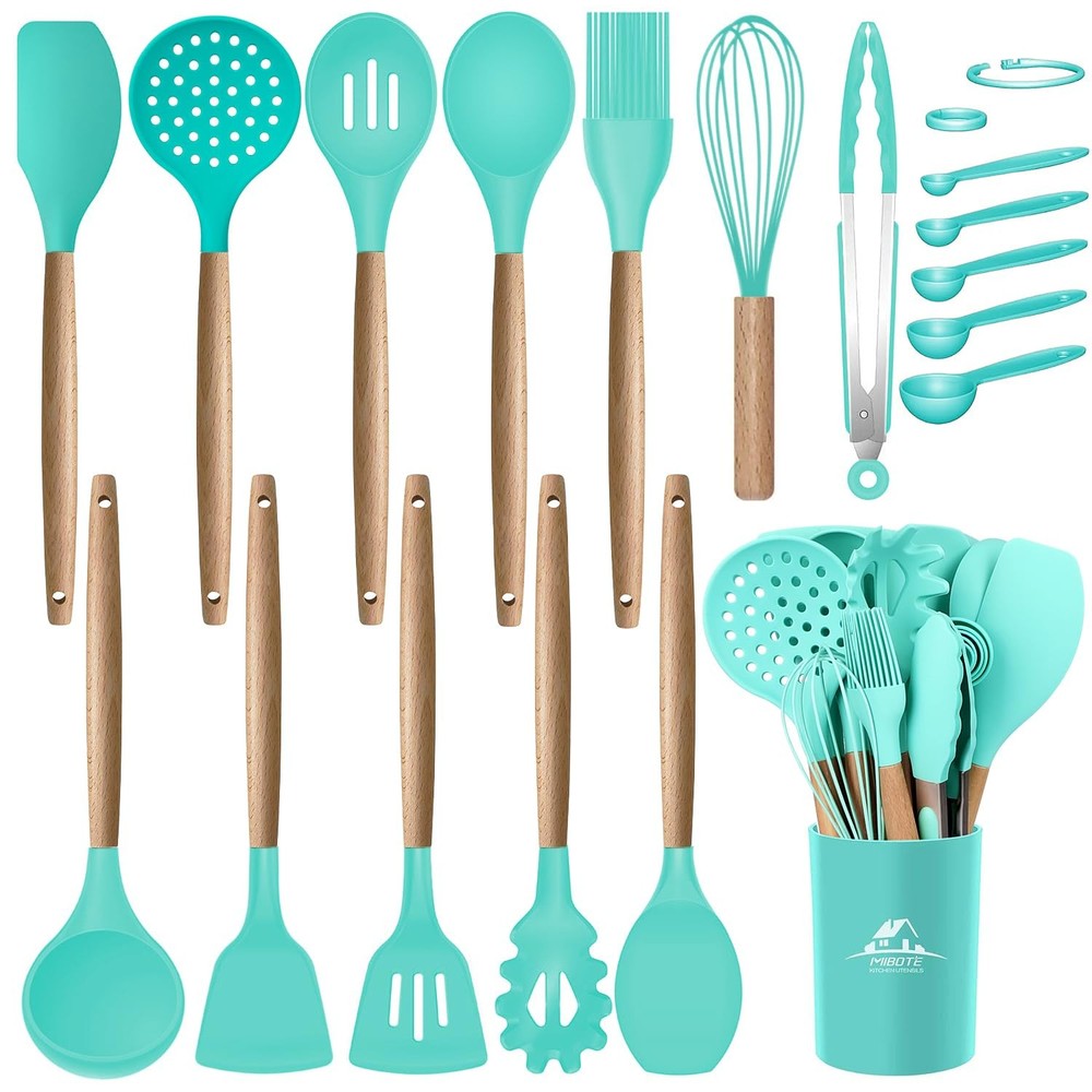 MIBOTE Silicone Cooking Kitchen Utensils Set with Holder, Wooden Handles Cooking