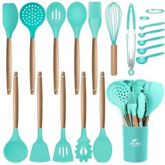 MIBOTE Silicone Cooking Kitchen Utensils Set with Holder, Wooden Handles Cooking