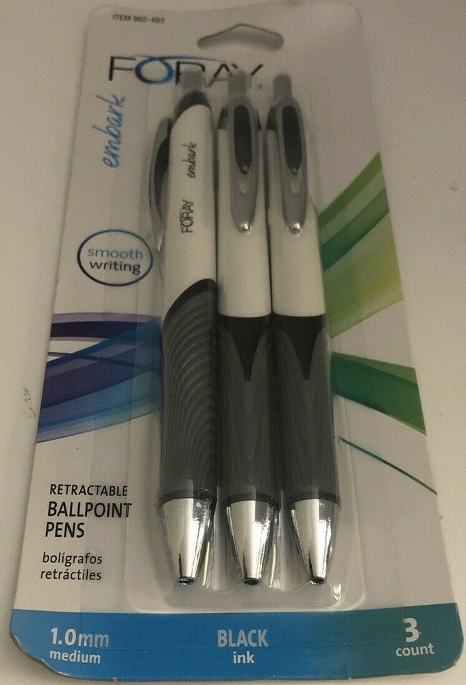NEW FORAY Ballpoint Pens, 1.0 mm, Gray/White Barrel/Black Ink 3Pk SHIPS N 24HRS