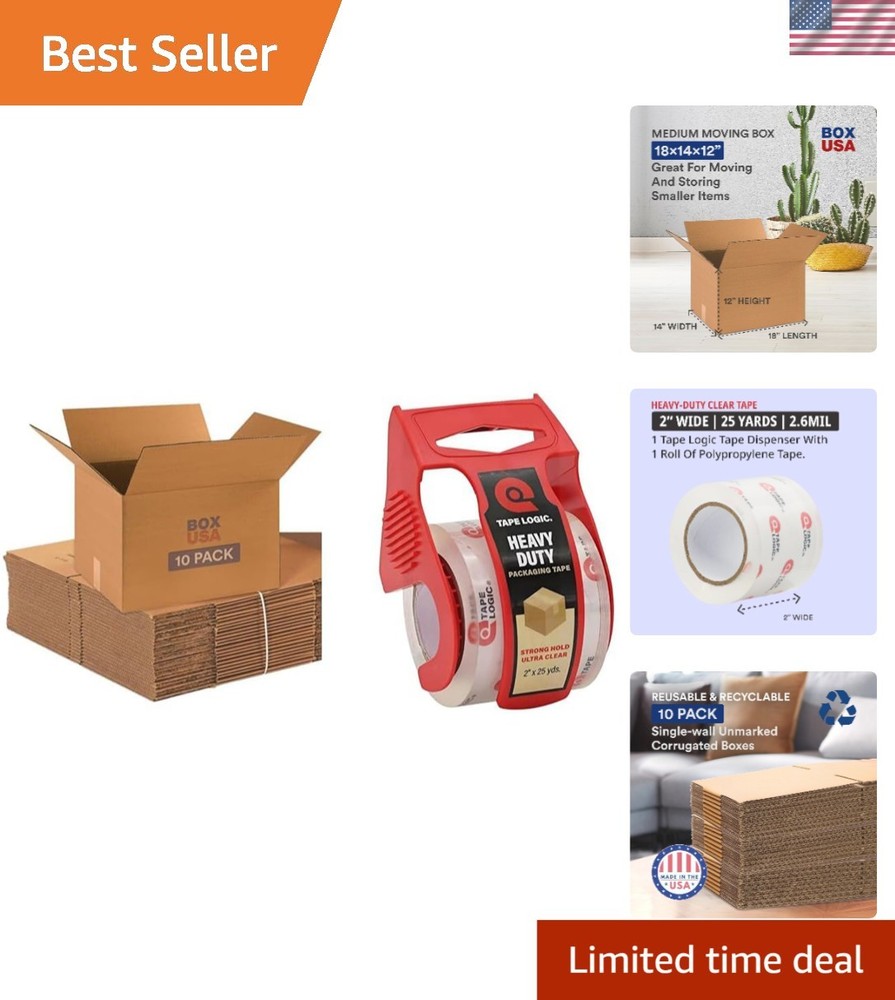 Durable 10-Pack Moving Boxes 18″L x 14″W x 12″H with Heavy Duty Tape Included