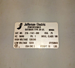 JEFFERSON ELECTRIC POWERFORMER .75 KVA 3R OUTDOOR TRANSFORMER 216-1141-000