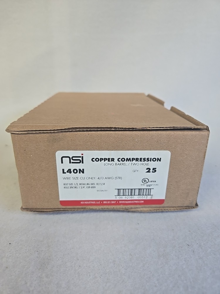Box of 25 – NSI L40N-38P Long Barrel Copper Compression Lug 4/0 AWG Two Hole