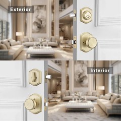 Satin Brass Door Knob with Lock, Exterior Door Lock Set with Deadbolt, Exteri…