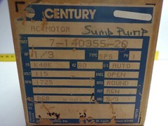 NEW CENTURY 1/3 HP AC ELECTRIC SUMP PUMP MOTOR 115V 1725 RPM 1Ø K48K 7-140355-20