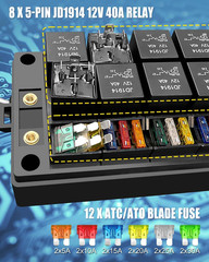 Pre-Wired Fuse Relay Box Waterproof, 8 5-Pin JD1914 Relay Slots and 12 ATC ATO F