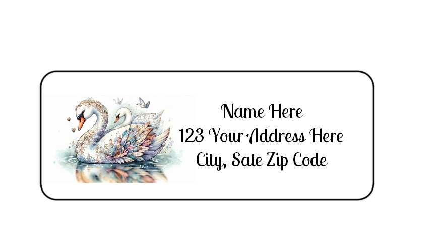 30 Beautiful Swan PERSONALIZED RETURN ADDRESS LABELS 1 in X 2 5/8 GLOSSY