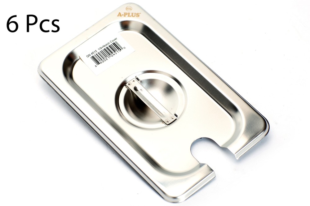 [6 Pack] 1/9 Size 25 Gauge NSF Steam Table Pan Cover with Notch Stainless Steel