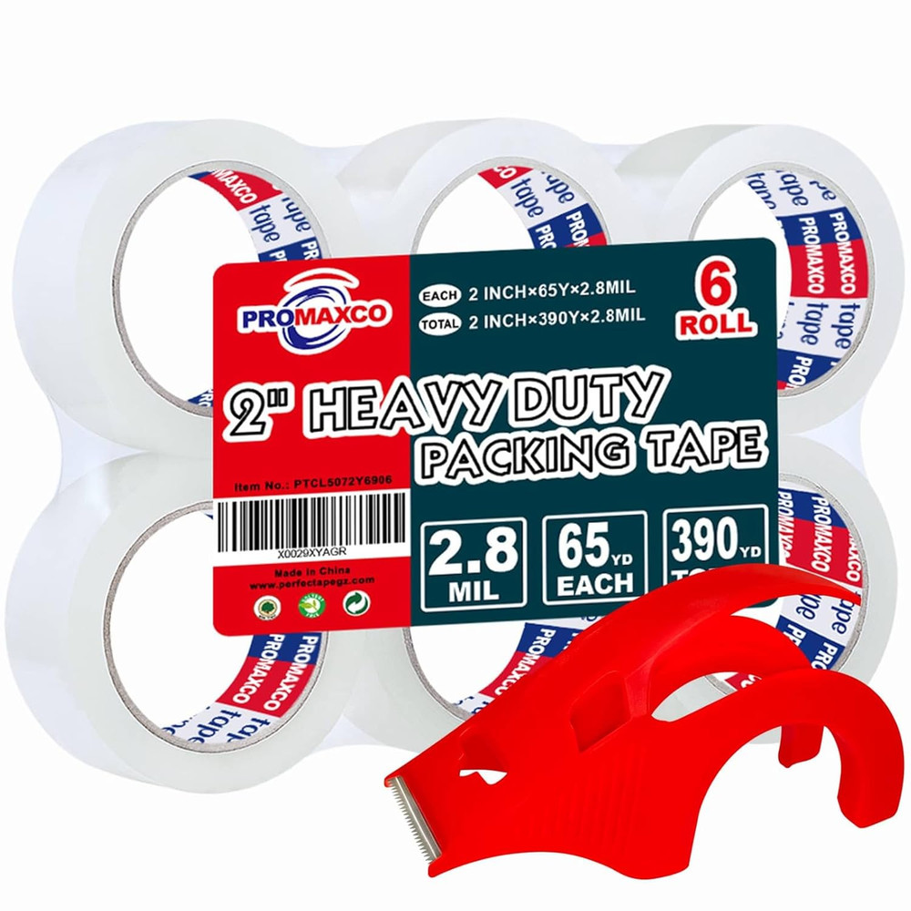 Heavy Duty Packing Tape with Dispenser, 1.88 Inch X 65Y, 6 Rolls | 1 Dispenser I