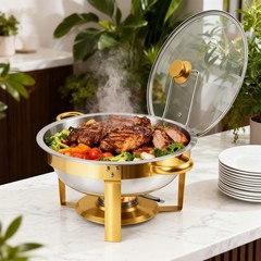 4 PCS 9Qt Round Chafing Dish Buffet Set 316 Stainless Steel Gold W/Glass Lids