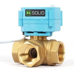 U. S. Solid 3 Way T Type Motorized Ball Valve w/ Hand Wheel 1in Brass 9-24V