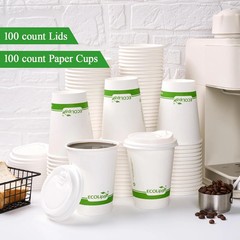 ECOLipak 100 Count 12 oz Compostable Paper Coffee Cups, Biodegradable Disposable