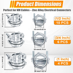 20 Packs 1/2″ 3/4″ 1” Cable Connectors Compatible with Romex, Zinc Alloy Wire