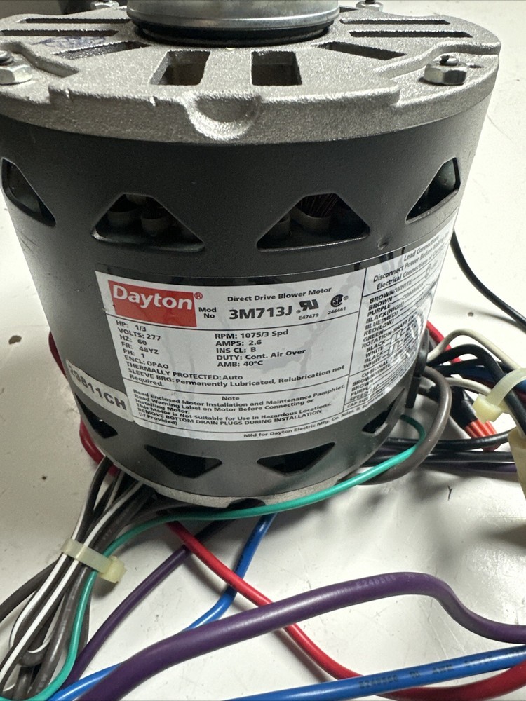 Dayton 3M713J Direct Drive Blower Motor 1/3HP 1075RPM/3SPD 277VAC 2.6Amps 3M713