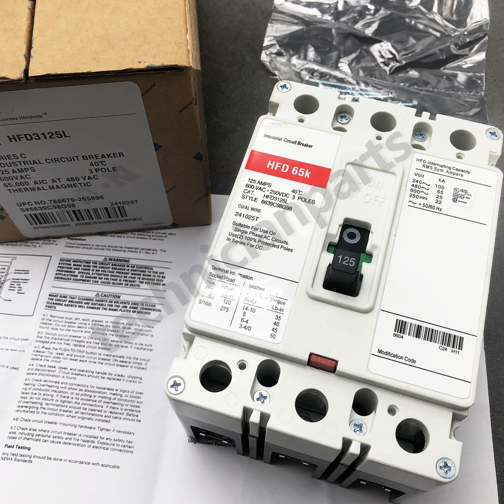 1Pc Circuit Breaker for EATON HFD3125L CIRCUIT BREAKER 3P 125A 600V HFD 65k