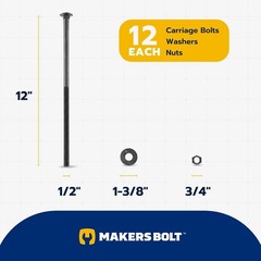 Carriage Bolt Kit 1/2×12 Inch Black Ruspert Exterior Grade 36 Pcs