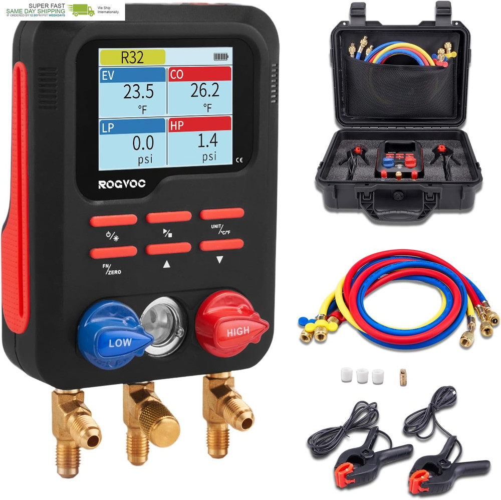 Digital Manifold Gauge, HVAC Refrigerants Digital AC Gauges Set with 2 Thermomet